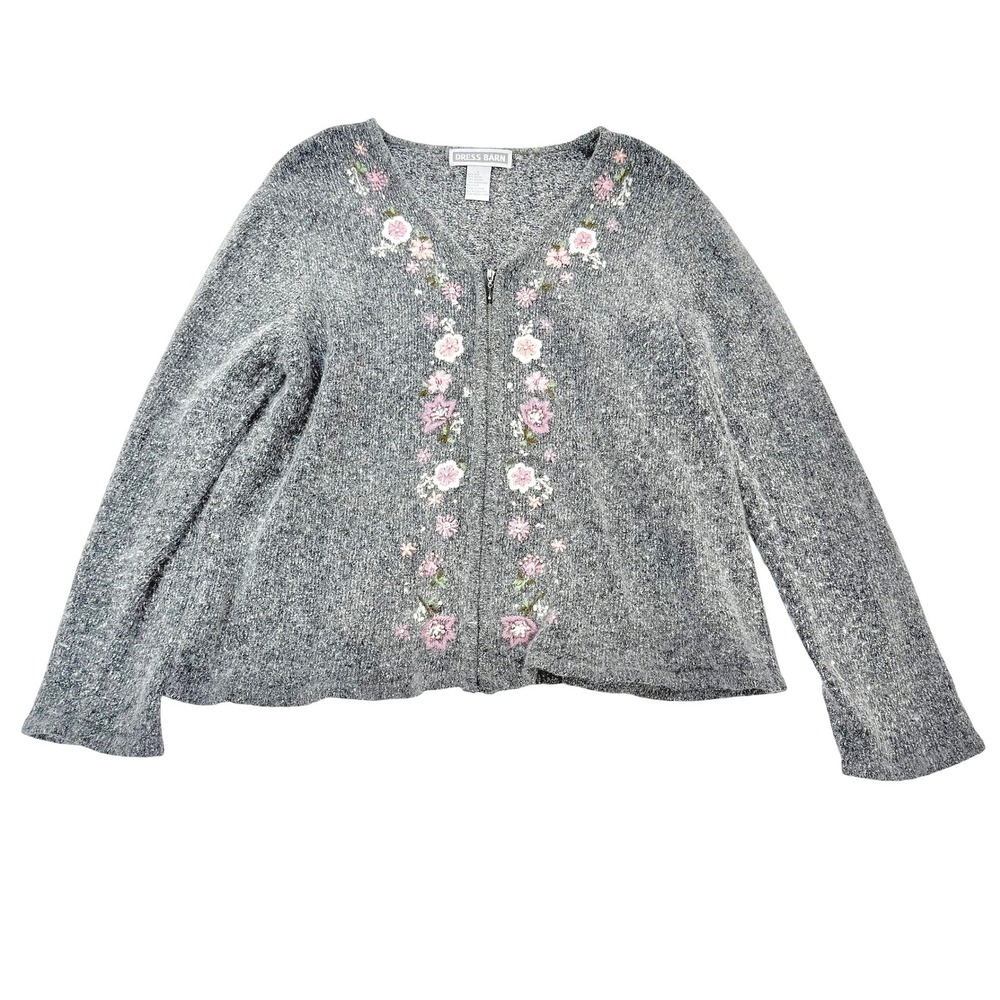 VTG Gray Silk Angora Wool Floral Embroidered Coastal Grandma Cardigan Sweater L‎